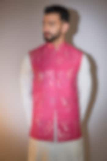 Pink Silk Mirror Embellished Nehru Jacket by Kasbah Clothing