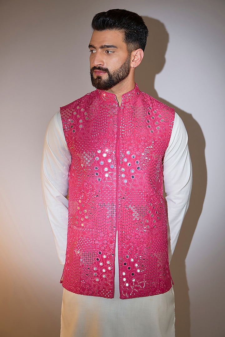 Pink Silk Mirror Embellished Nehru Jacket by Kasbah Clothing