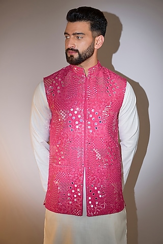 Pink Silk Mirror Embellished Nehru Jacket by Kasbah Clothing