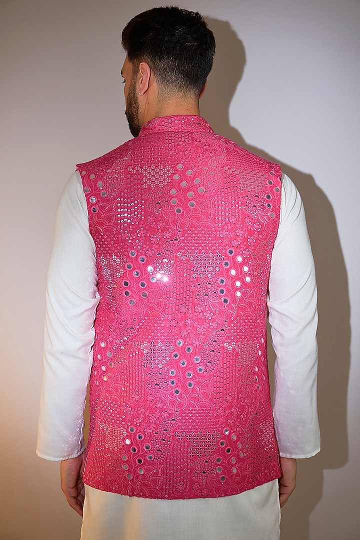 Pink Silk Mirror Embellished Nehru Jacket by Kasbah Clothing at Pernia's Pop Up Shop