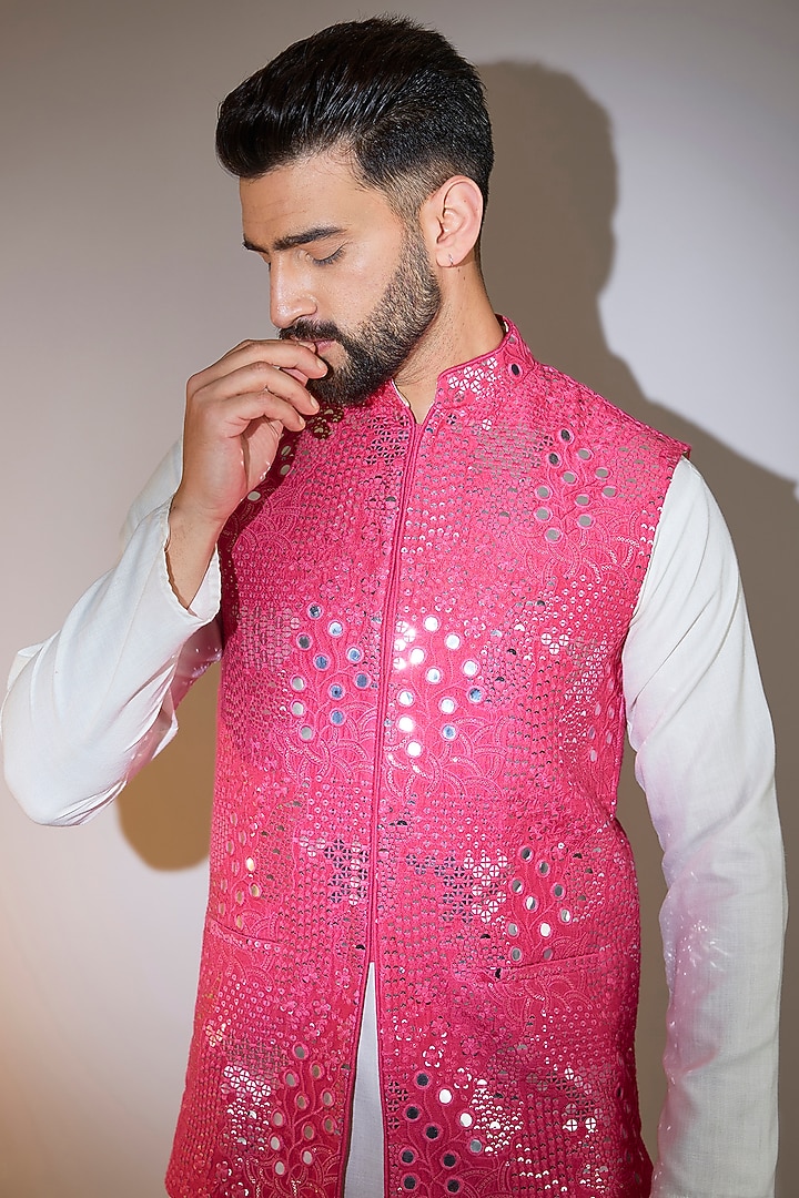 Pink Silk Mirror Embellished Nehru Jacket by Kasbah Clothing at Pernia's Pop Up Shop