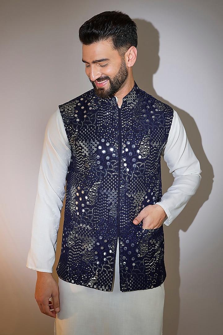 Navy Blue Silk Mirror Embellished Nehru Jacket by Kasbah Clothing