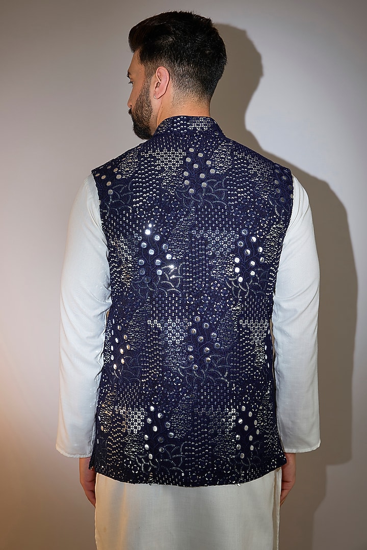 Navy Blue Silk Mirror Embellished Nehru Jacket by Kasbah Clothing at Pernia's Pop Up Shop