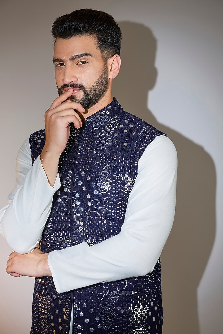 Navy Blue Silk Mirror Embellished Nehru Jacket by Kasbah Clothing at Pernia's Pop Up Shop
