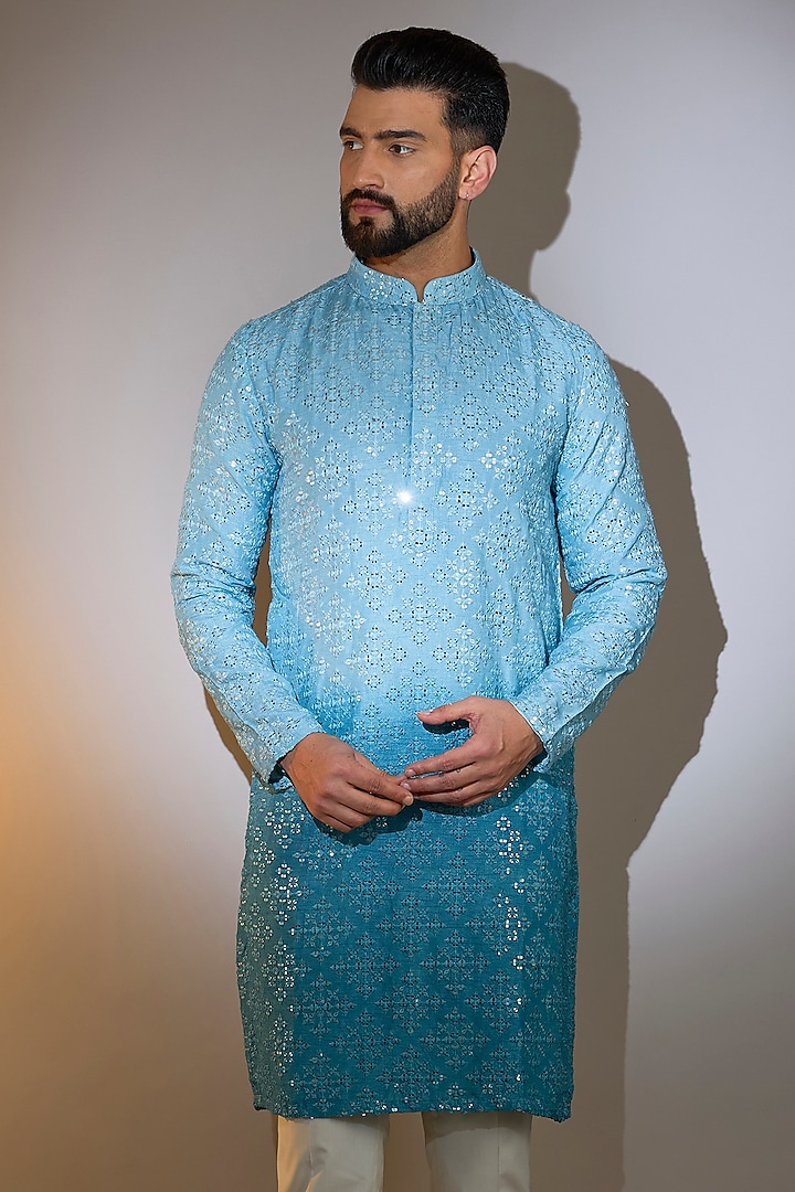 Coral Blue Ombre Silk Mirror Work Kurta by Kasbah Clothing at Pernia's Pop Up Shop