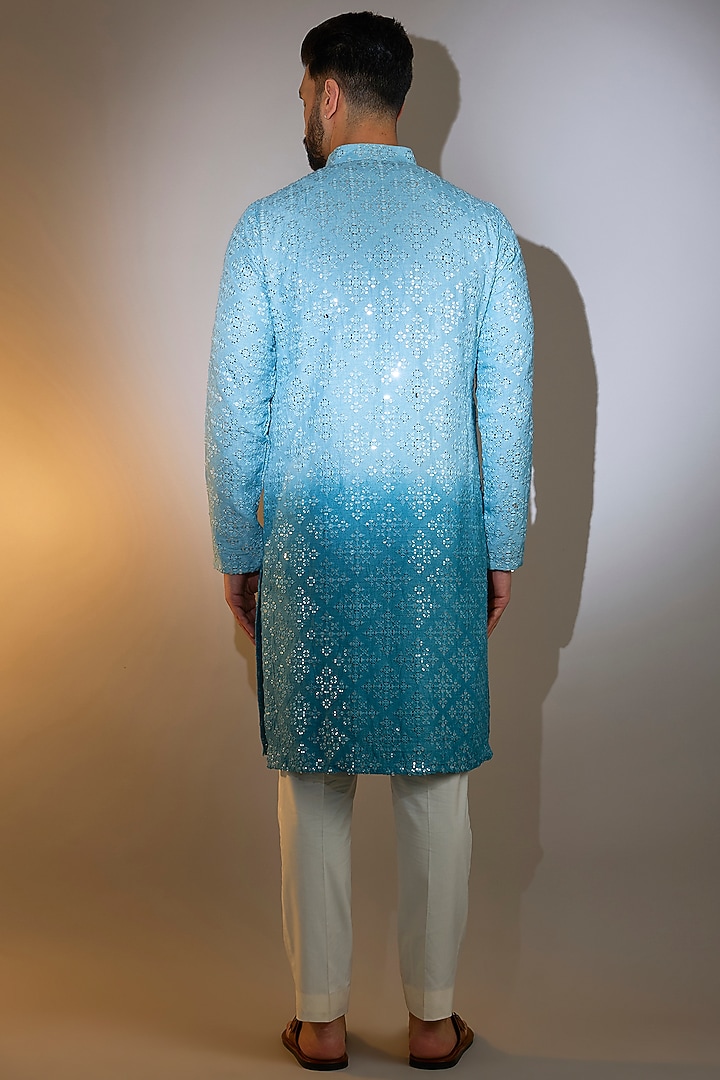 Coral Blue Ombre Silk Mirror Work Kurta by Kasbah Clothing at Pernia's Pop Up Shop