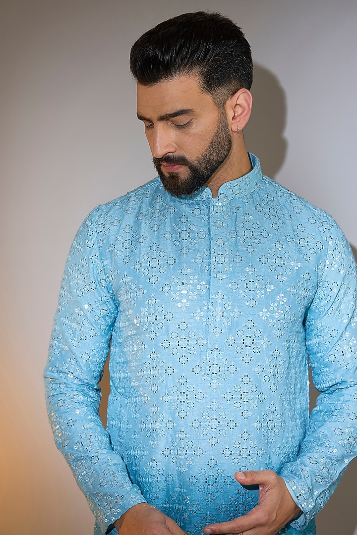 Coral Blue Ombre Silk Mirror Work Kurta by Kasbah Clothing at Pernia's Pop Up Shop
