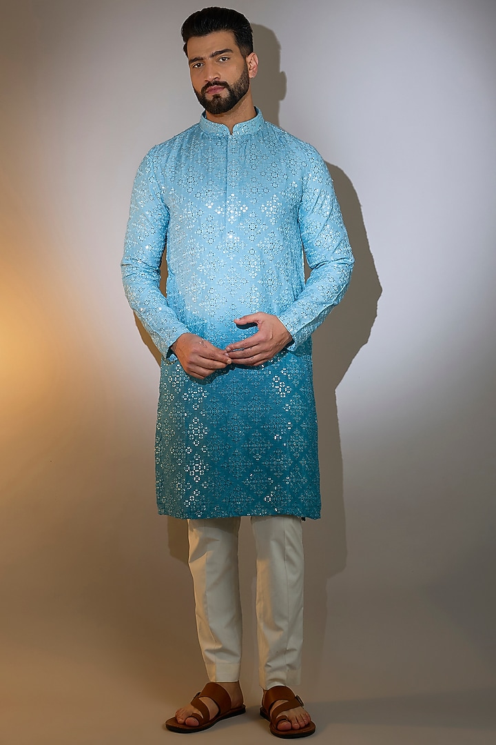Coral Blue Ombre Silk Mirror Work Kurta by Kasbah Clothing at Pernia's Pop Up Shop