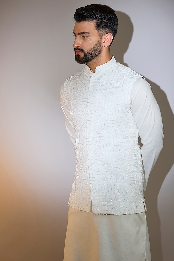 White Silk Cutdana Nehru Jacket by Kasbah Clothing at Pernia's Pop Up Shop