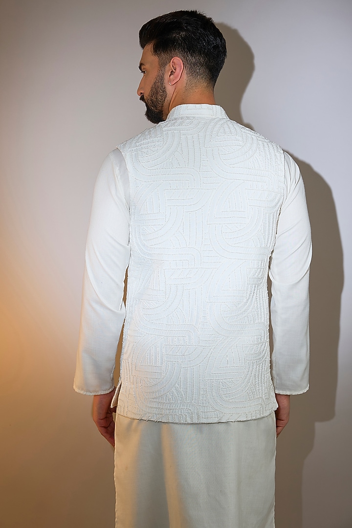 White Silk Cutdana Nehru Jacket by Kasbah Clothing at Pernia's Pop Up Shop