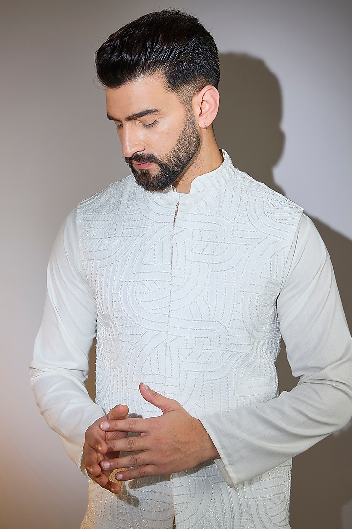 White Silk Cutdana Nehru Jacket by Kasbah Clothing at Pernia's Pop Up Shop
