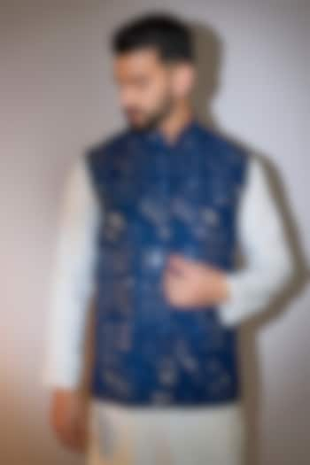 Navy Blue Silk Mirror Embellished Nehru Jacket by Kasbah Clothing at Pernia's Pop Up Shop