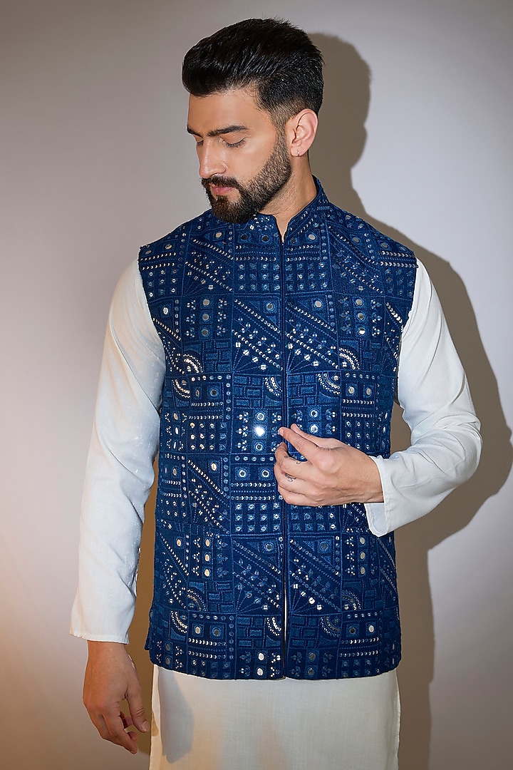 Navy Blue Silk Mirror Embellished Nehru Jacket by Kasbah Clothing at Pernia's Pop Up Shop