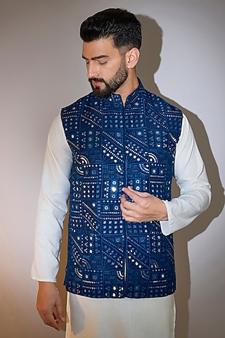 Navy Blue Silk Mirror Embellished Nehru Jacket by Kasbah Clothing