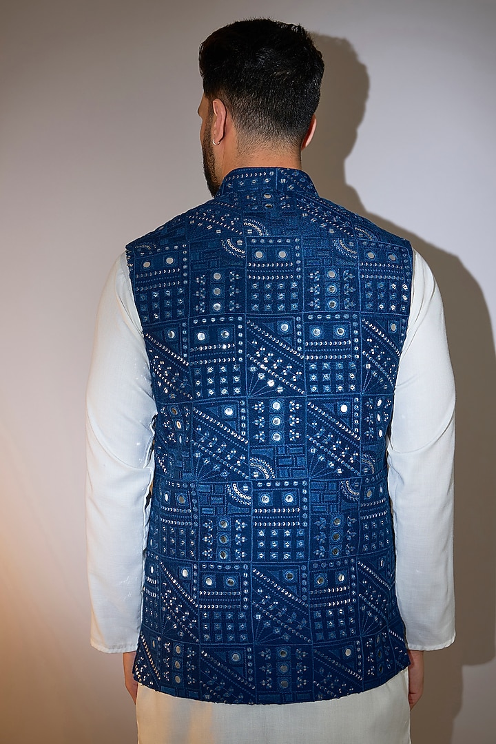 Navy Blue Silk Mirror Embellished Nehru Jacket by Kasbah Clothing at Pernia's Pop Up Shop