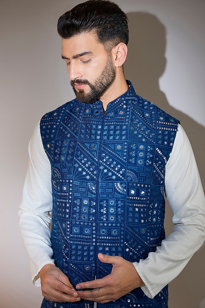 Navy Blue Silk Mirror Embellished Nehru Jacket by Kasbah Clothing at Pernia's Pop Up Shop