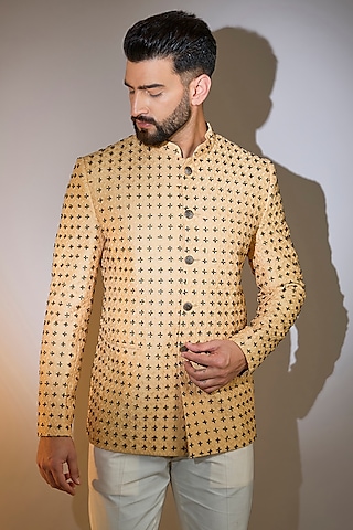 Beige Silk Cutdana Embellished Bandhgala by Kasbah Clothing