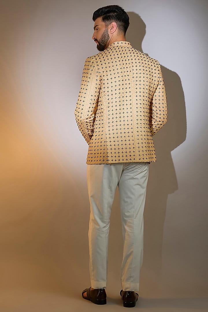 Beige Silk Cutdana Embellished Wedding Bandhgala by Kasbah Clothing at Pernia's Pop Up Shop