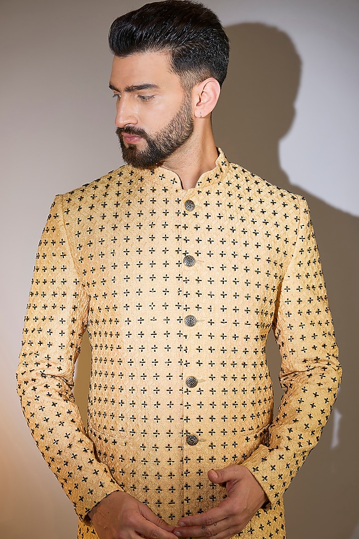 Beige Silk Cutdana Embellished Wedding Bandhgala by Kasbah Clothing at Pernia's Pop Up Shop