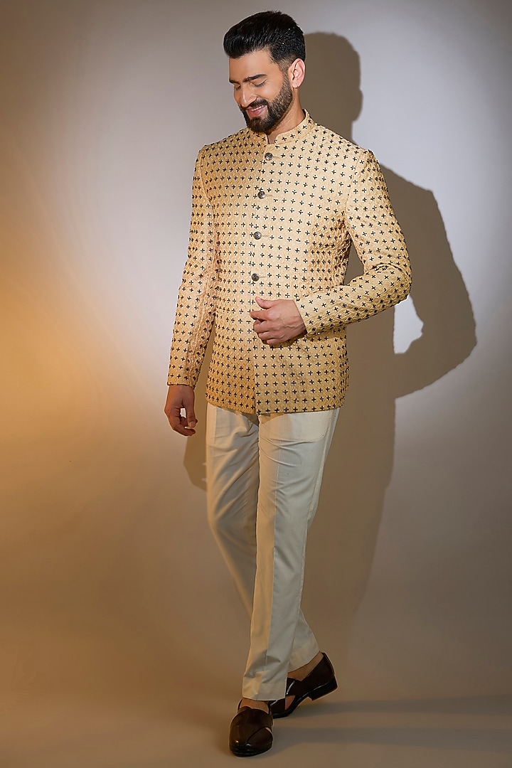 Beige Silk Cutdana Embellished Wedding Bandhgala by Kasbah Clothing at Pernia's Pop Up Shop