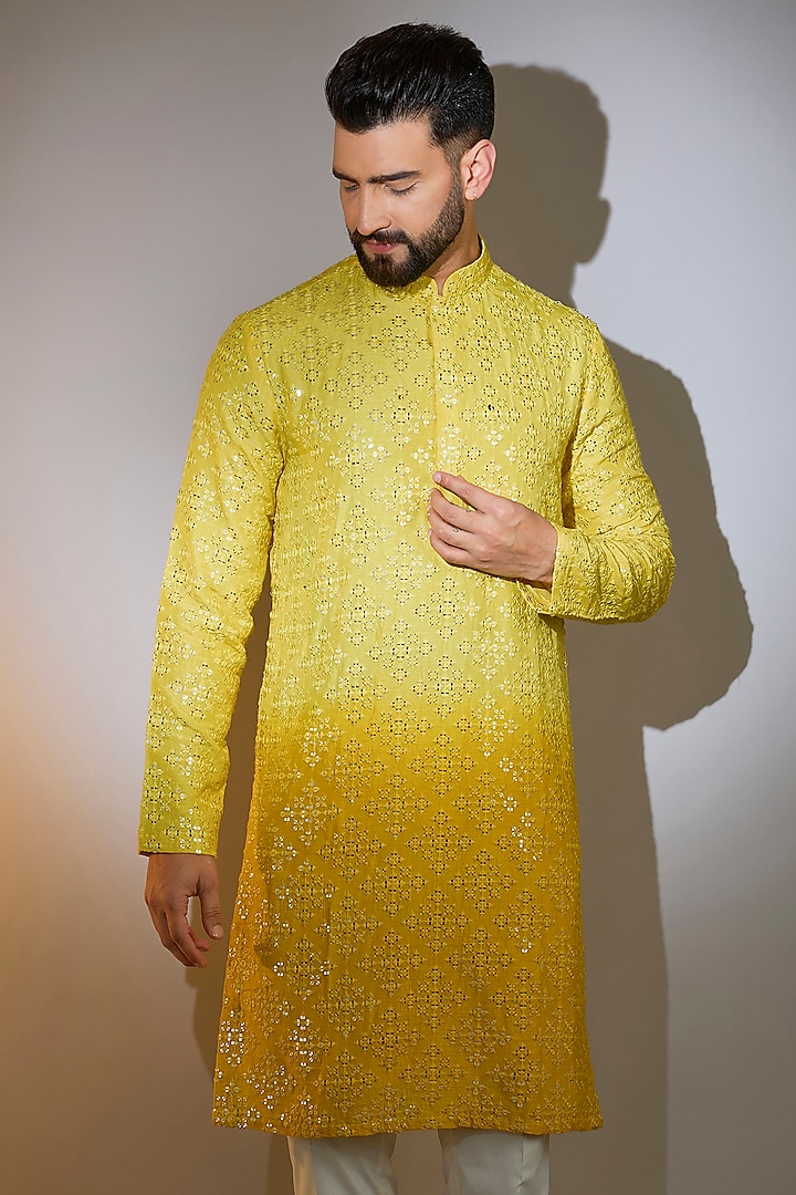 Yellow Ombre Silk Mirror Work Kurta by Kasbah Clothing at Pernia's Pop Up Shop