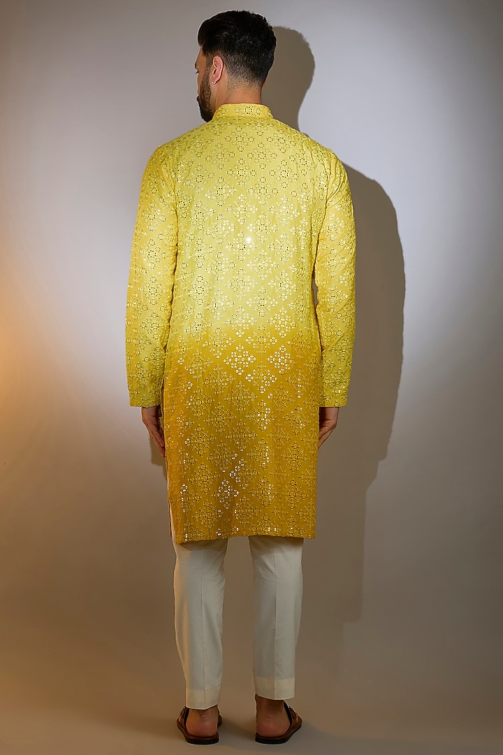 Yellow Ombre Silk Mirror Work Kurta by Kasbah Clothing at Pernia's Pop Up Shop