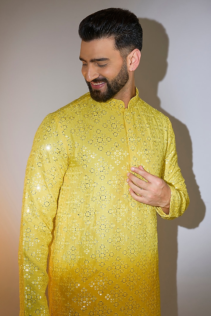 Yellow Ombre Silk Mirror Work Kurta by Kasbah Clothing at Pernia's Pop Up Shop
