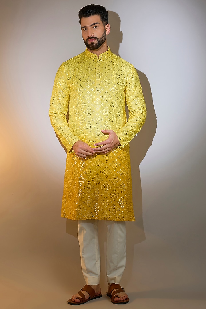 Yellow Ombre Silk Mirror Work Kurta by Kasbah Clothing at Pernia's Pop Up Shop