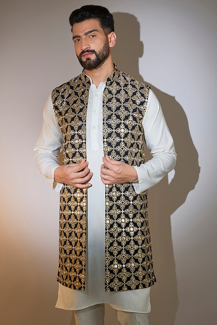 Black Georgette Mirror Work Long Open-Jacket by Kasbah Clothing at Pernia's Pop Up Shop