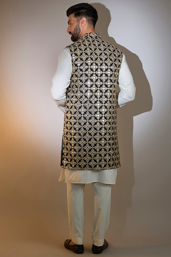 Black Georgette Mirror Work Long Open-Jacket by Kasbah Clothing at Pernia's Pop Up Shop