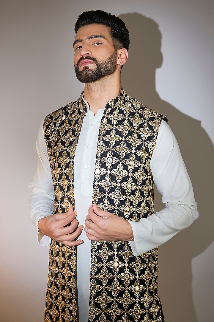 Black Georgette Mirror Work Long Open-Jacket by Kasbah Clothing at Pernia's Pop Up Shop