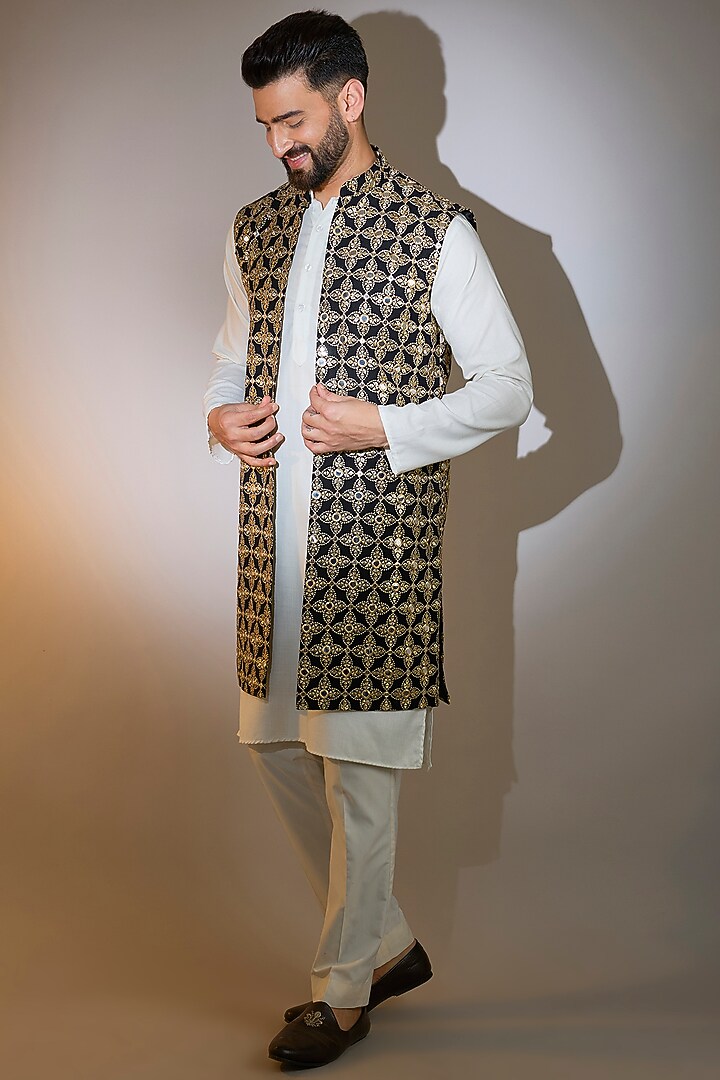 Black Georgette Mirror Work Long Open-Jacket by Kasbah Clothing at Pernia's Pop Up Shop