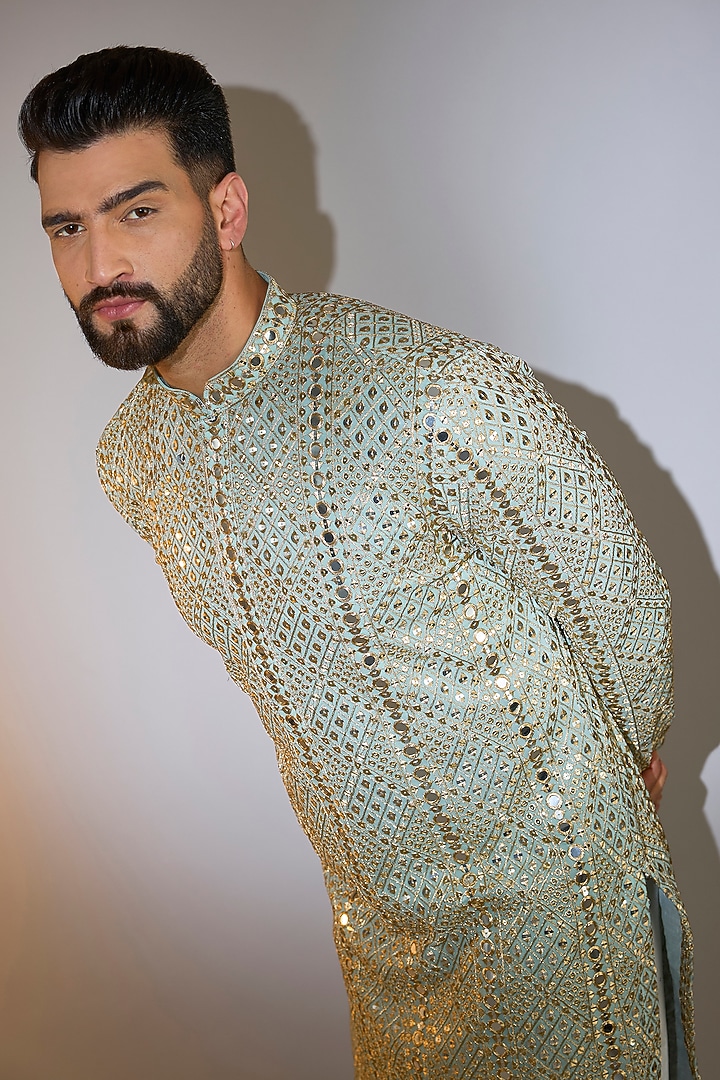 Blue Georgette Mirror Work Kurta by Kasbah Clothing at Pernia's Pop Up Shop