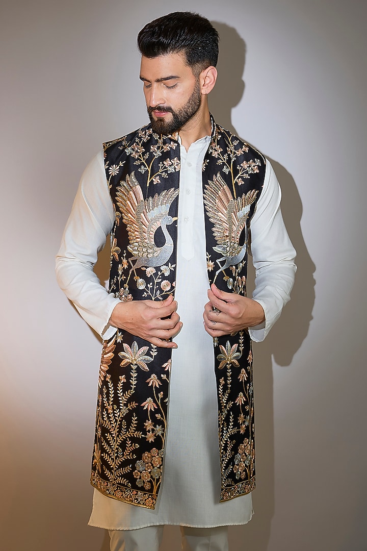 Black Silk Thread Embroidered Long Open-Jacket by Kasbah Clothing at Pernia's Pop Up Shop