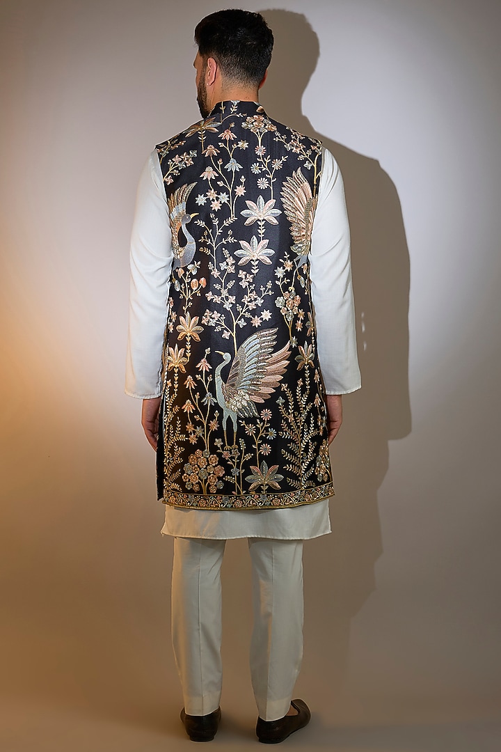 Black Silk Thread Embroidered Long Open-Jacket by Kasbah Clothing at Pernia's Pop Up Shop