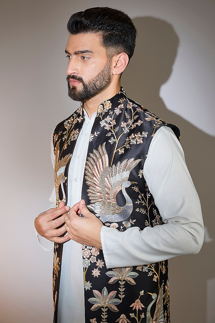 Black Silk Thread Embroidered Long Open-Jacket by Kasbah Clothing at Pernia's Pop Up Shop