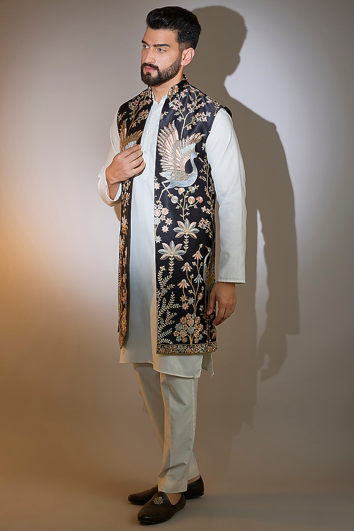Black Silk Thread Embroidered Long Open-Jacket by Kasbah Clothing at Pernia's Pop Up Shop