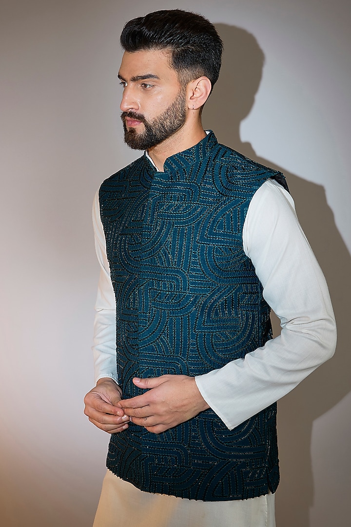 Blue Silk Cutdana Embroidered Nehru Jacket by Kasbah Clothing