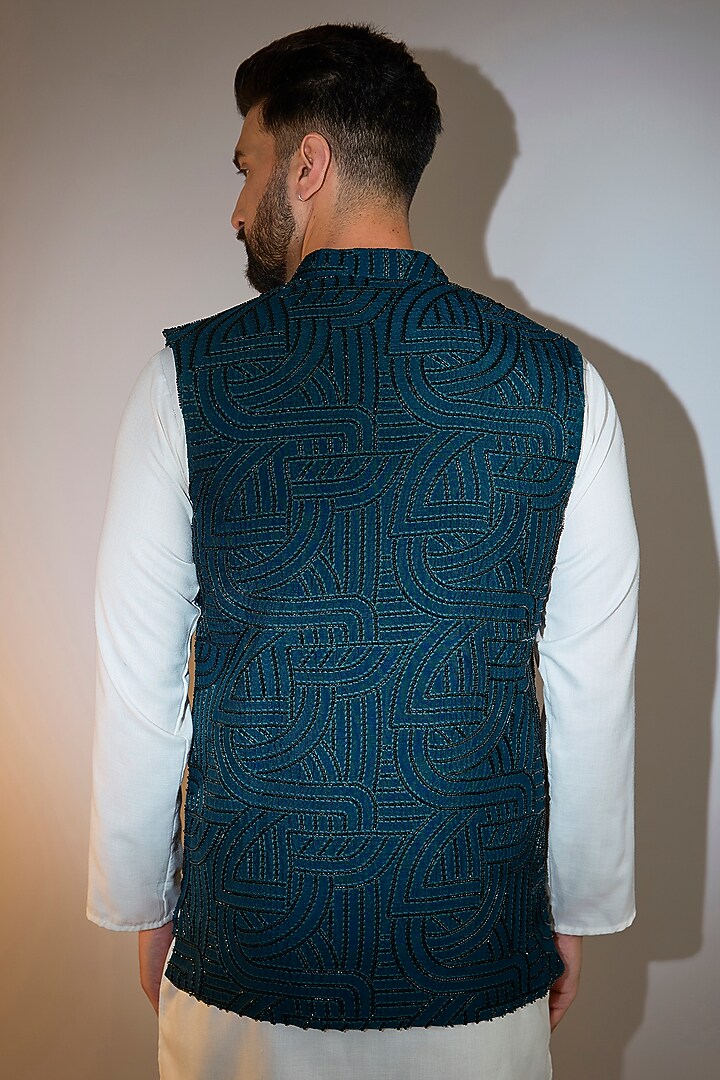 Blue Silk Cutdana Embroidered Nehru Jacket by Kasbah Clothing at Pernia's Pop Up Shop