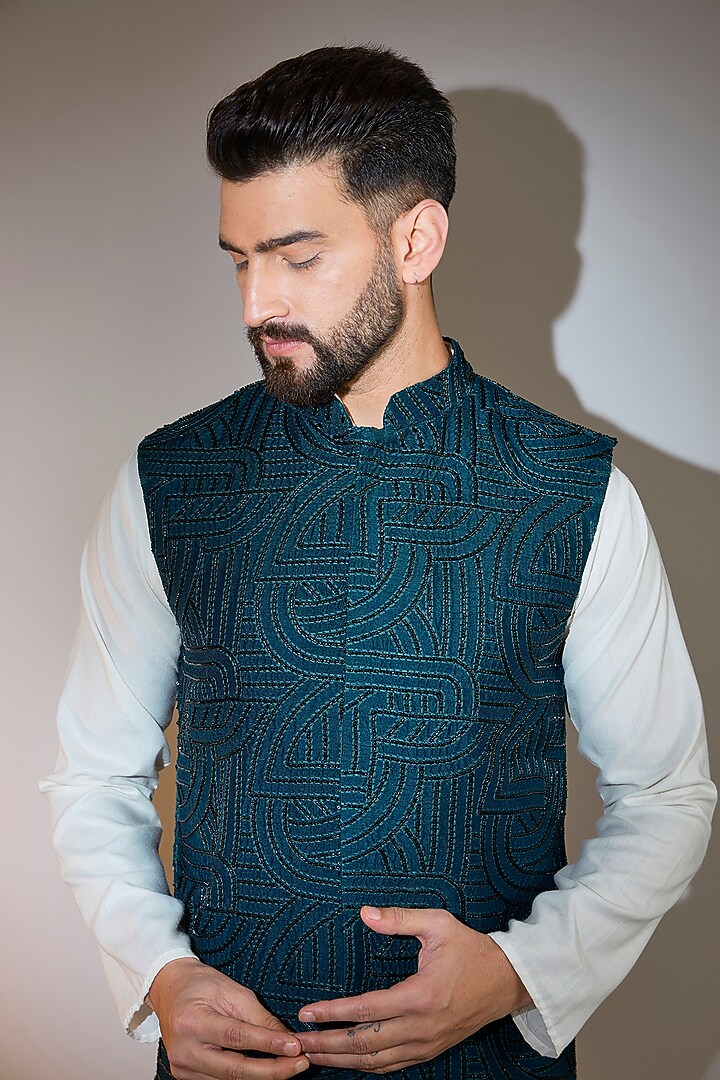 Blue Silk Cutdana Embroidered Nehru Jacket by Kasbah Clothing at Pernia's Pop Up Shop
