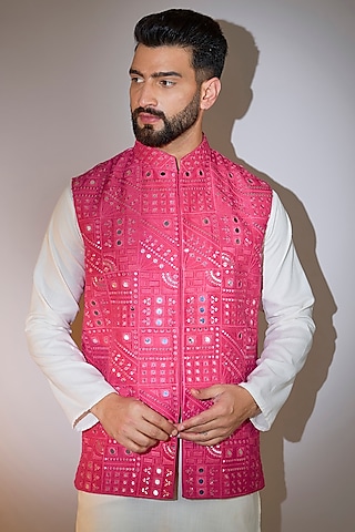 Hot Pink Silk Mirror Embellished Nehru Jacket by Kasbah Clothing