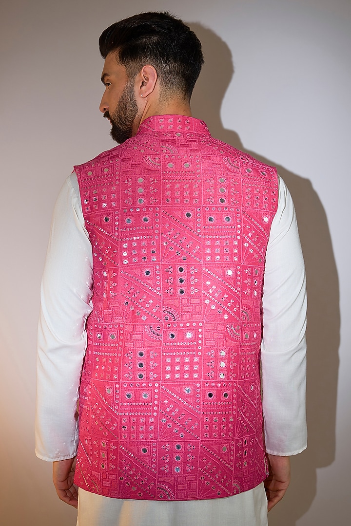 Hot Pink Silk Mirror Embellished Nehru Jacket by Kasbah Clothing at Pernia's Pop Up Shop