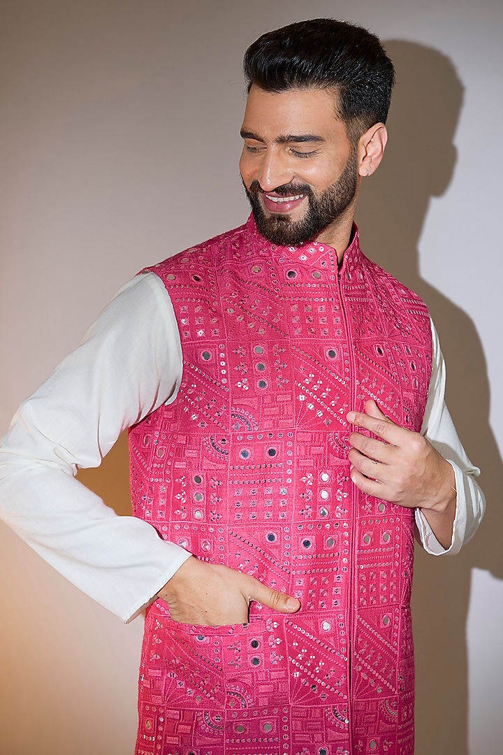 Hot Pink Silk Mirror Embellished Nehru Jacket by Kasbah Clothing