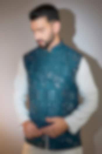 Teal Blue Silk Mirror Embellished Nehru Jacket by Kasbah Clothing