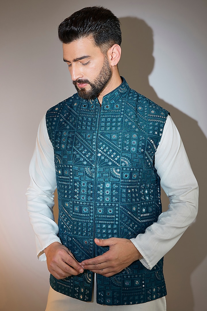 Teal Blue Silk Mirror Embellished Nehru Jacket by Kasbah Clothing