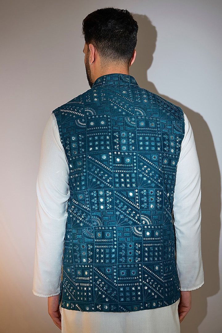Teal Blue Silk Mirror Embellished Nehru Jacket by Kasbah Clothing at Pernia's Pop Up Shop