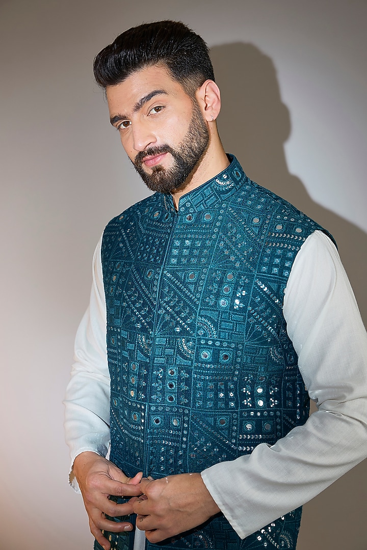 Teal Blue Silk Mirror Embellished Nehru Jacket by Kasbah Clothing at Pernia's Pop Up Shop