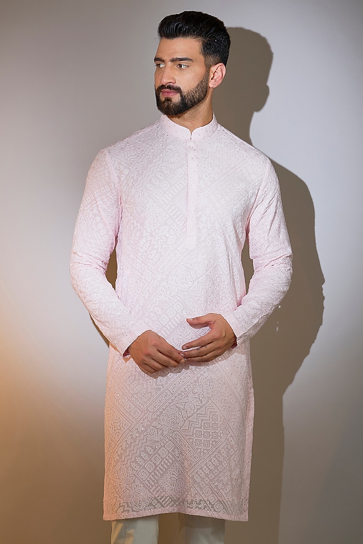 Pink Georgette Machine Embroidered Chikankari Kurta by Kasbah Clothing at Pernia's Pop Up Shop