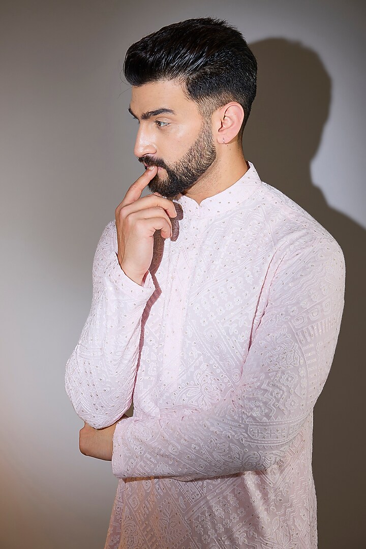 Pink Georgette Machine Embroidered Chikankari Kurta by Kasbah Clothing at Pernia's Pop Up Shop