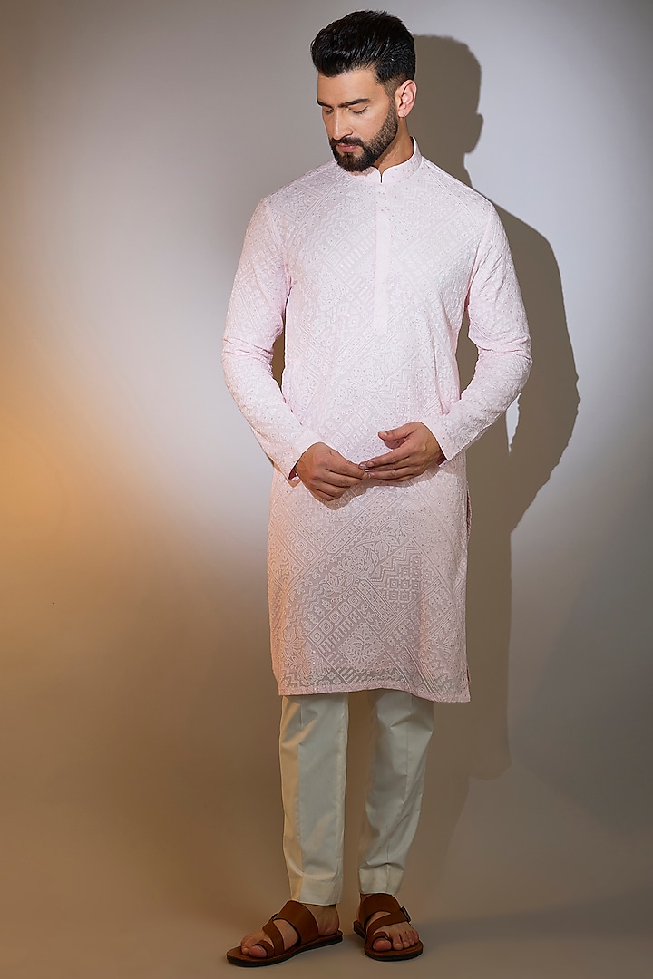 Pink Georgette Machine Embroidered Chikankari Kurta by Kasbah Clothing